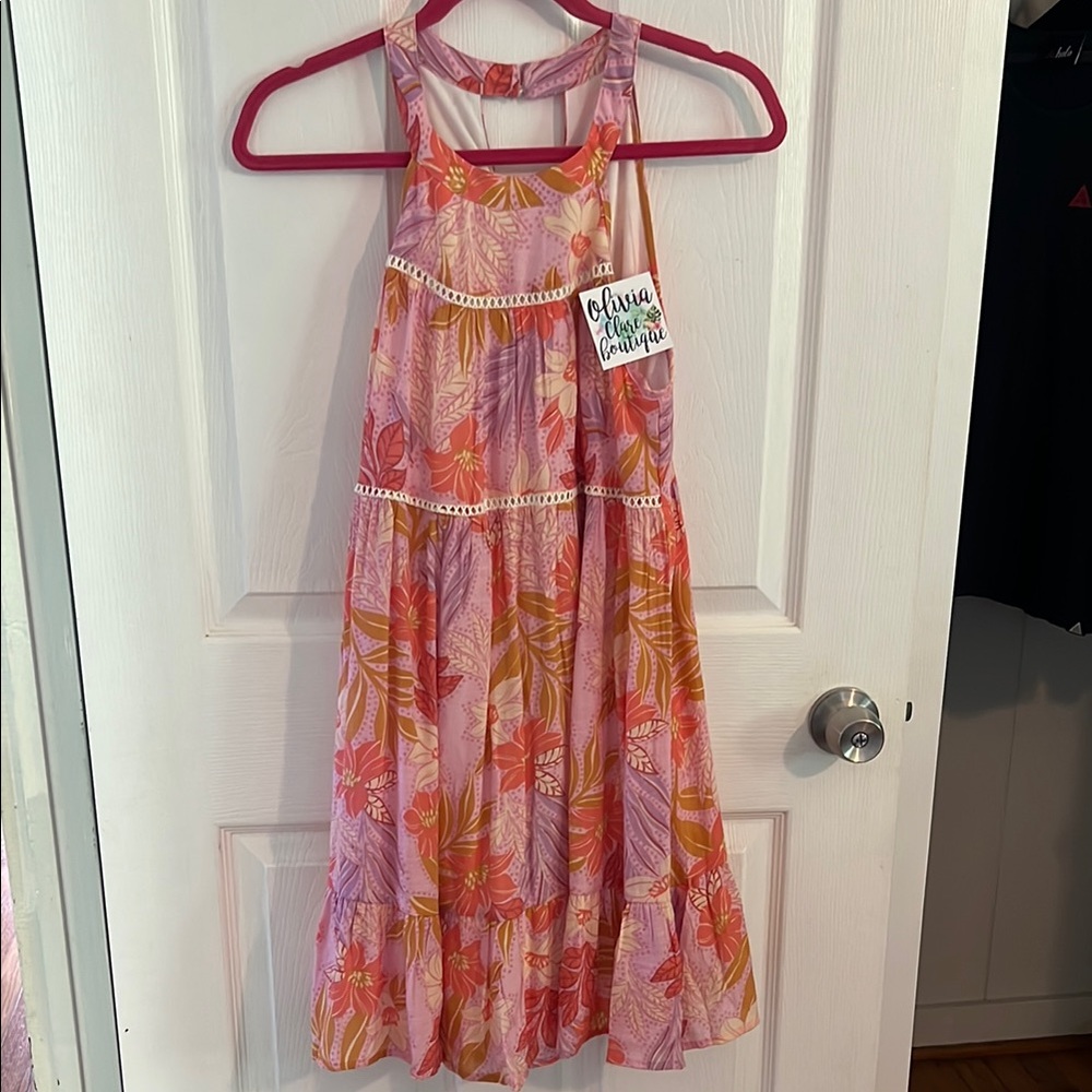 En Creme Pink and Orange Ruffled Tiered Sundress